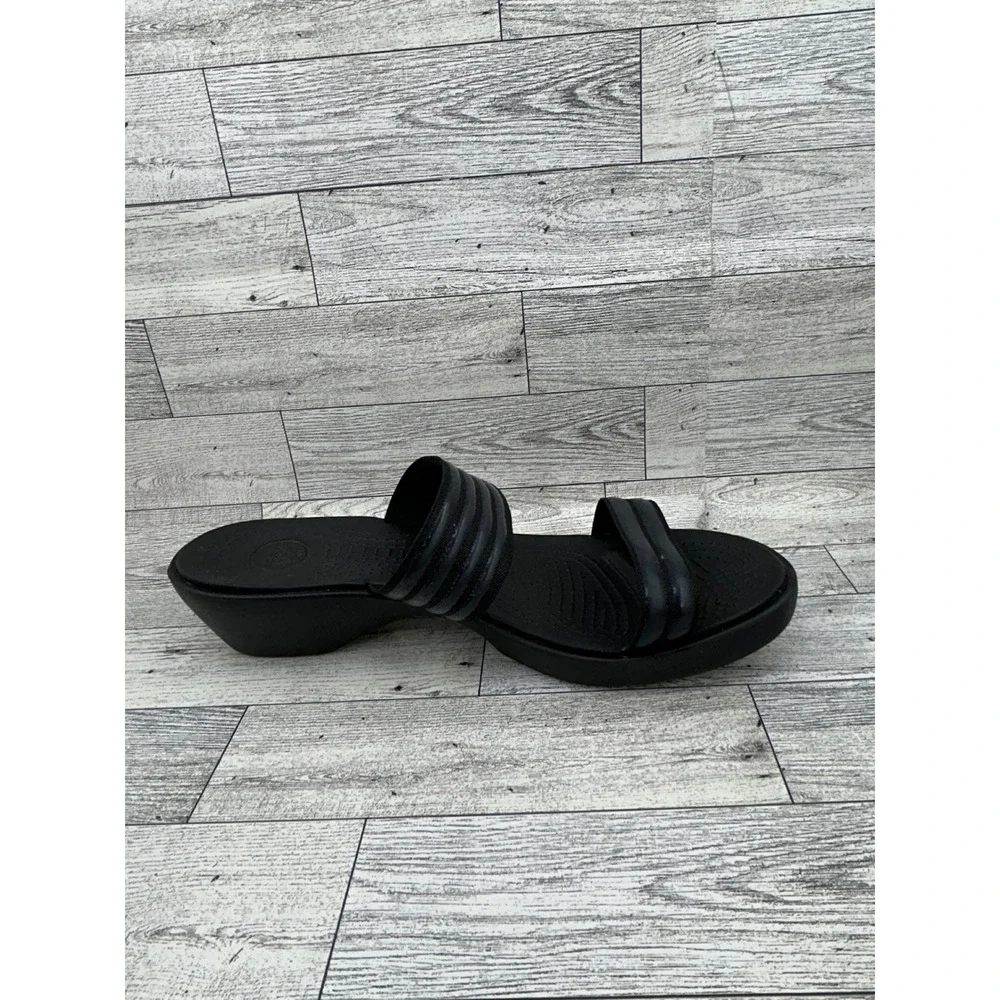 Crocs Cyprus IV Black Wedge Sandals Women Size 10 Two Strap Slip On Heels